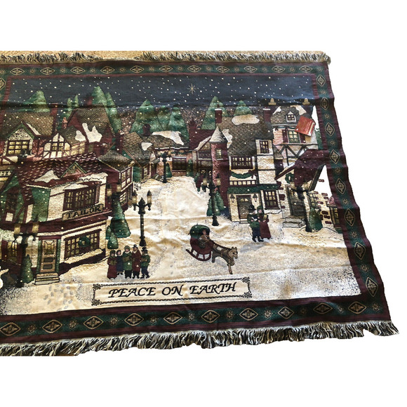 Peace On Earth Christmas Tapestry Throw Blanket NEW Victorian Village Cotton 74" - Picture 4 of 12